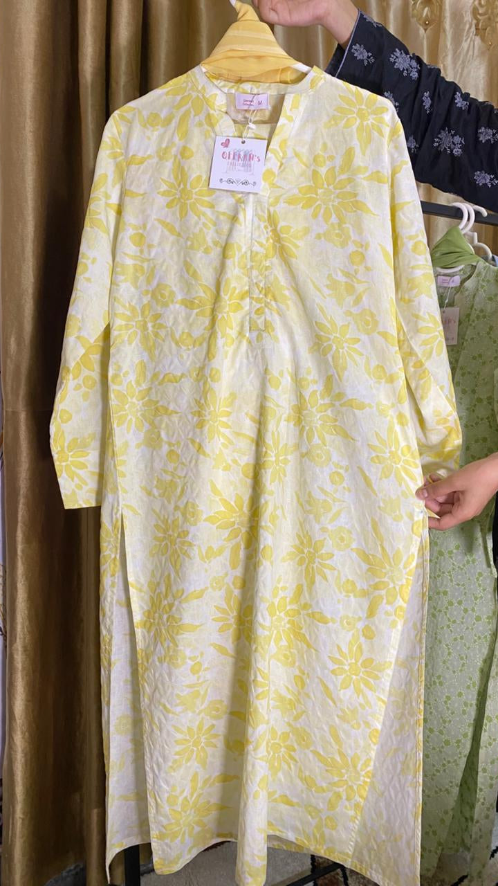 Yellow color long kameez with trouser and dubata