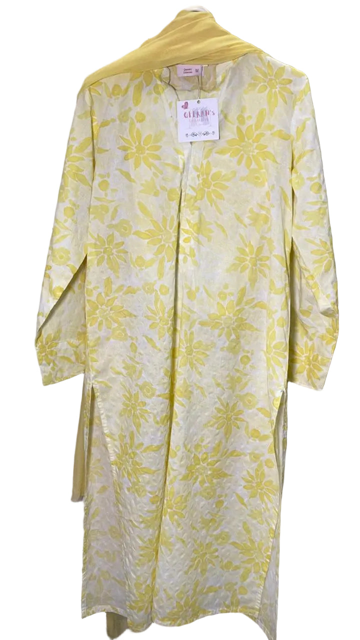 Yellow color long kameez with trouser and dubata